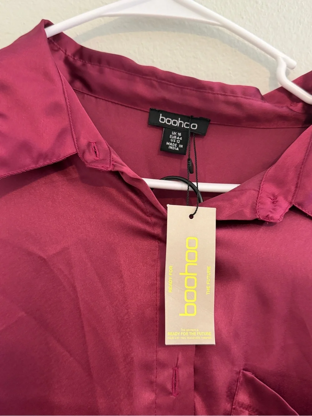 boohoo Women's Satin Button-Up Pajama Top set in Berry